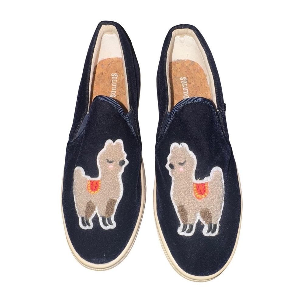 Soludos Velvet Llama Round Toe Slip On Sneakers Navy Blue Women's Size US 7